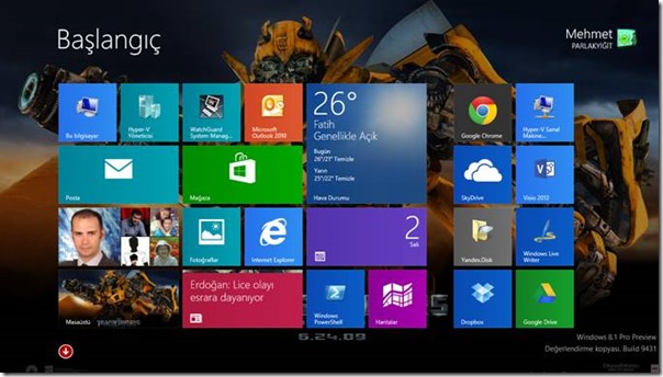 Windows 8.1 Başlangıç Ekranında Masaüstü Arka Planını Göstermek
