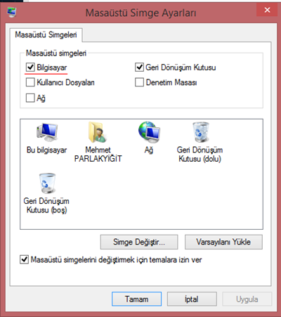 Windows 8.1 Bu Bilgisayar Simgesinin Masaüstünde Gösterilmesi