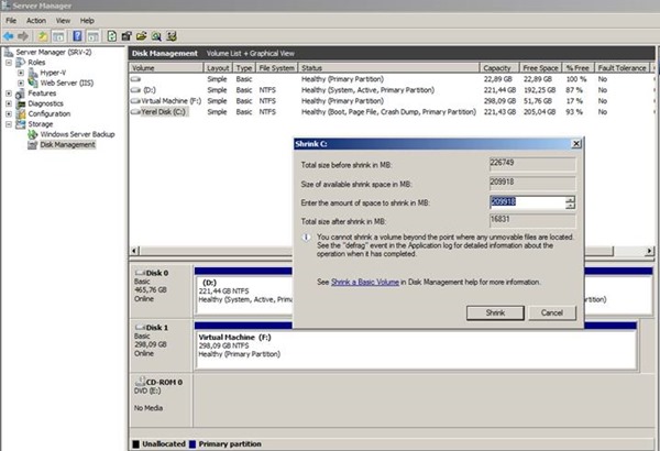 Windows 7 Shrink Volume (Disk Boyutunun Küçültülmesi) İşlemi